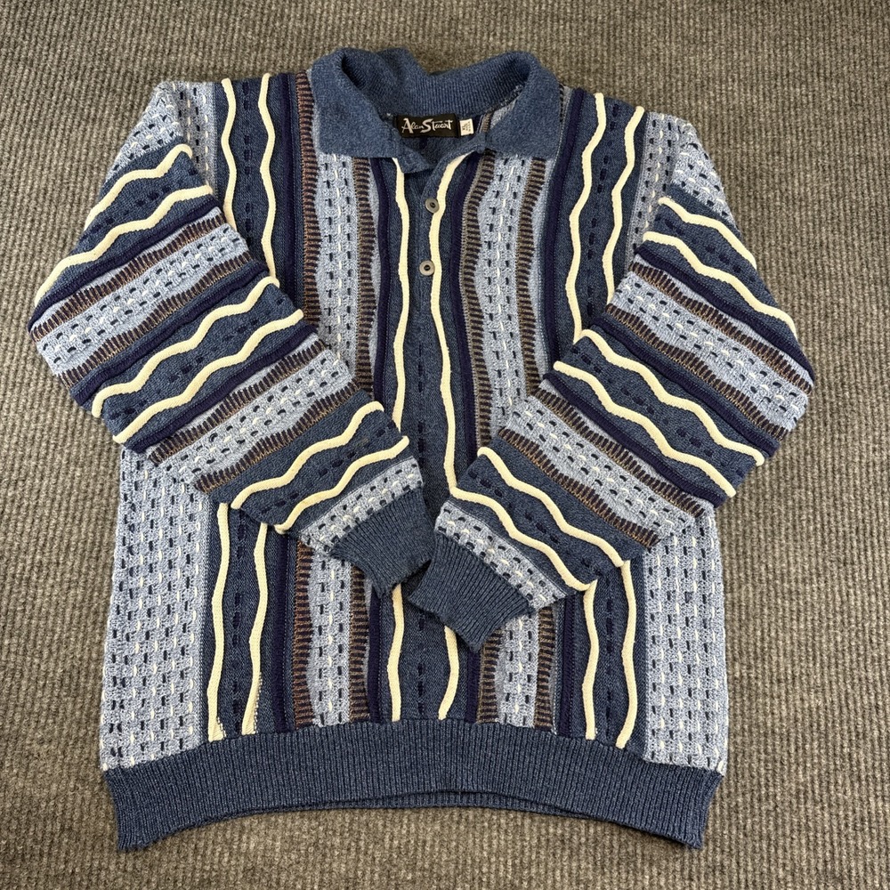 VTG Coogi Style Sweater Alan Stuart Men's XL Blue Tones 3D  Knit Hippie Boho